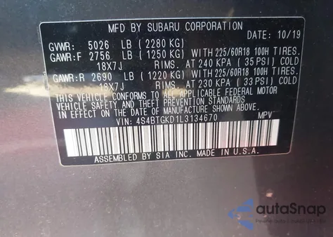 2020 Subaru Outback Onyx Edition Xt из США, поврежденный, VIN 4S4BTGKD1L3134670